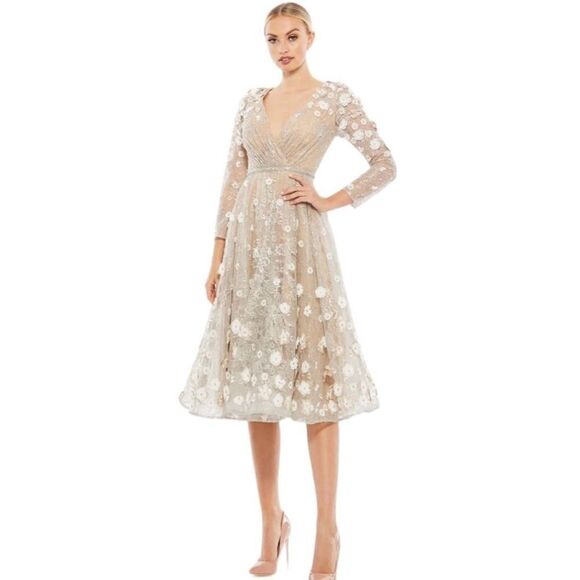 MacDuggal Floral Embellished Lace A Line Cocktail Dress Size Beige 10 New 67387 - Picture 1 of 10